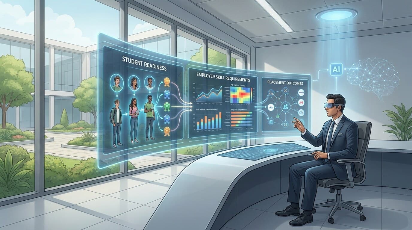 A placement officer reviewing large translucent dashboards showing student readiness, employer skill requirements and placement outcomes