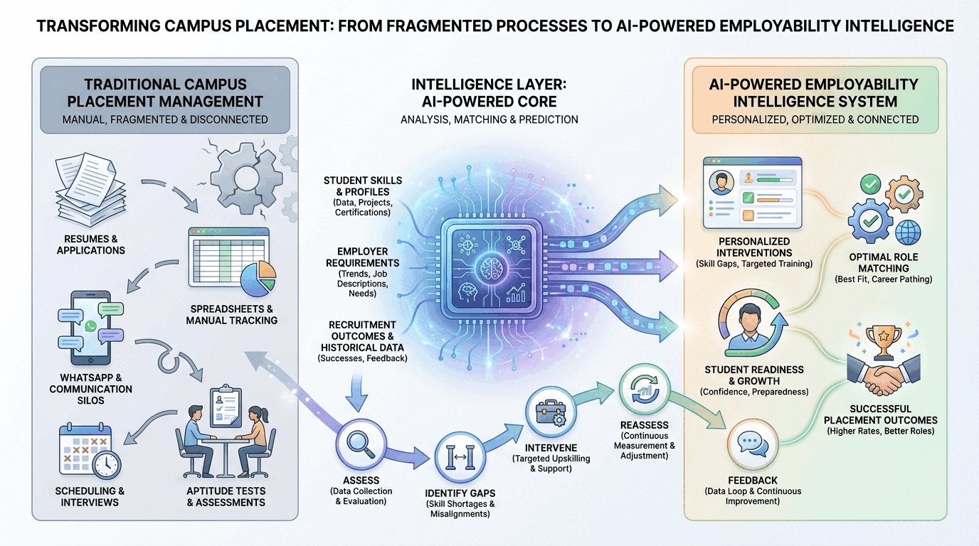 Diagram: fragmented placement processes on the left feed an intelligence layer in the middle, which produces role matching, personalised interventions and placement outcomes on the right, with an assess, identify gaps, intervene, reassess and feedback cycle beneath