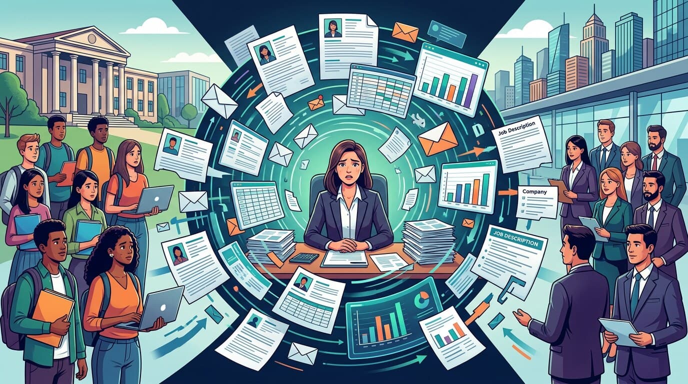 A placement officer at a desk surrounded by resumes, spreadsheets, emails, charts and job descriptions, with students on one side and recruiters on the other