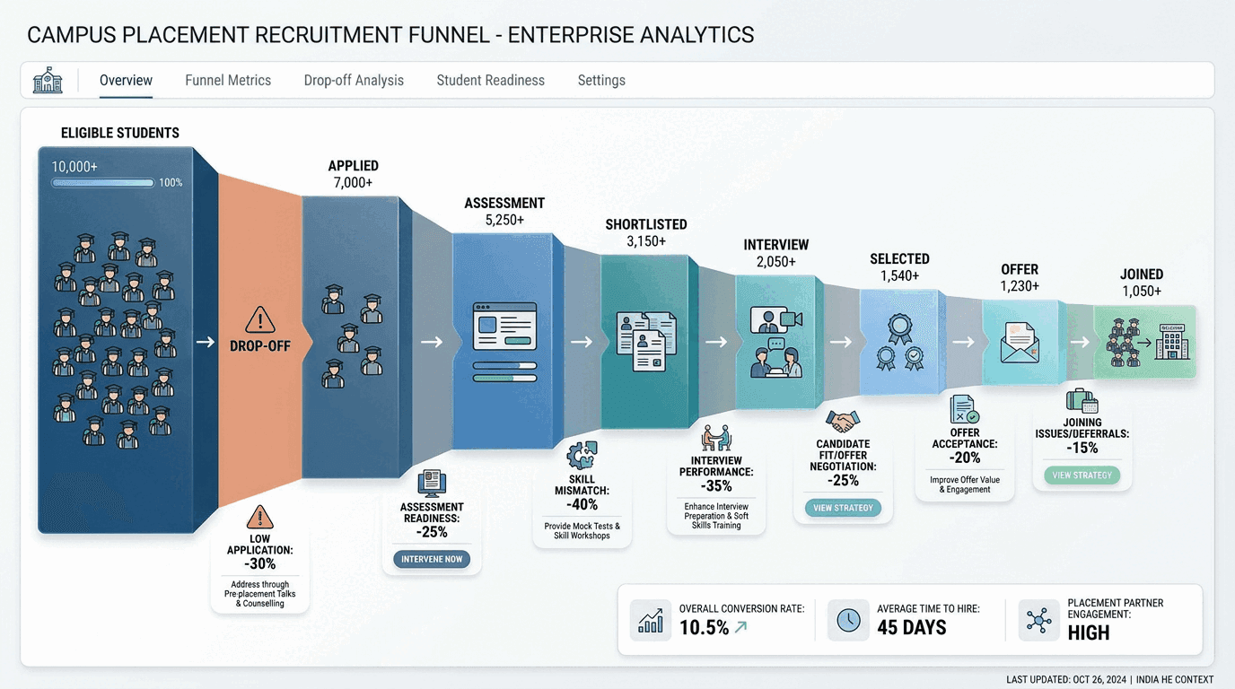 A funnel dashboard tracing eligible students through applied, assessment, shortlisted, interview, selected, offer and joined, with drop-off causes annotated at each narrowing